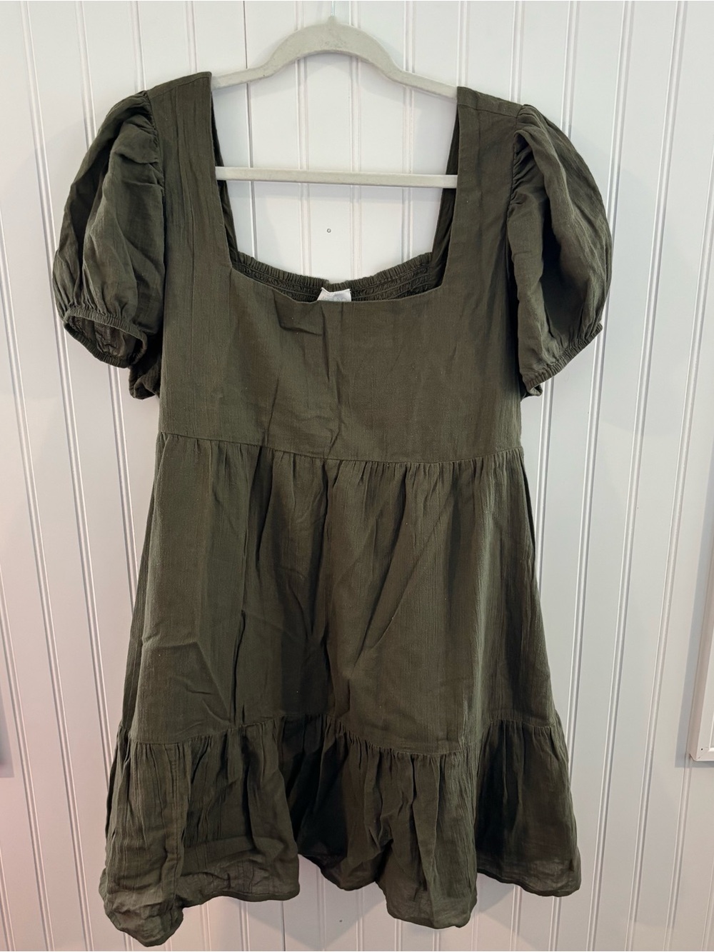 Abound Olive Puff-Sleeve Tiered Cotton Dress